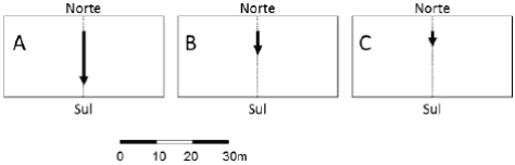 Três diagramas de sombras A,B,C, Norte/Sul e escala em metros.