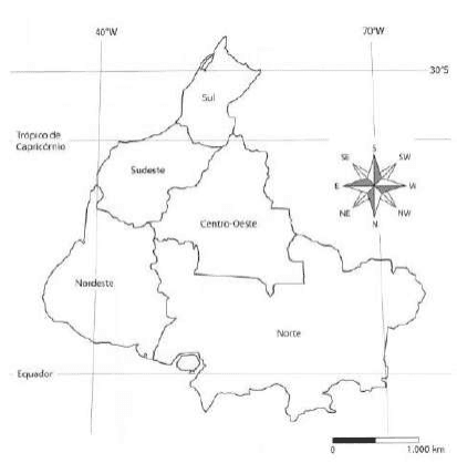 Brasil invertido, regiões, rosa dos ventos, paralelos e meridianos.