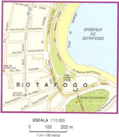 Mapa com escala, nomes de localidades e legenda de distância.