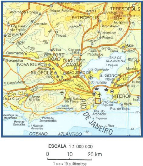 Mapa com escala, nomes de localidades e legenda de distância.