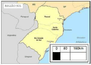 Mapa da Região Sul e escala gráfica0,80,160km.