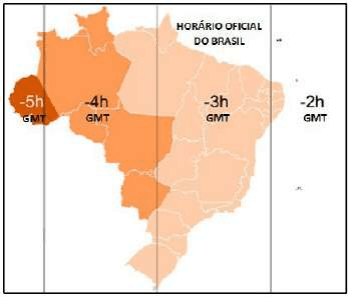 Mapa dos quatro fusos brasileiros GMT-5,-4,-3,-2.