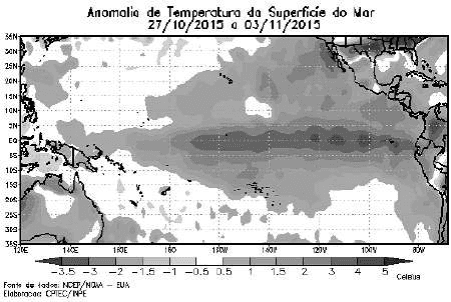 Anomalia de Temperatura da Superfície do Mar27/10/2015a03/11/2015: mapaPacífico, coordenadas, escalaCelsius-3.5a5 e créditosNCEP/NOAA-EUA/CPTEC/INPE completos.