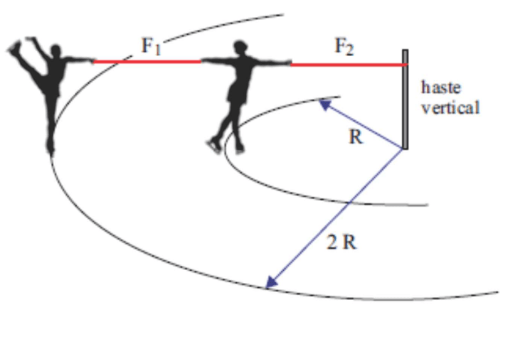 Duas patinadoras em trajetórias circulares de raios 2R e R ligadas entre si pela fita F1 e à haste vertical pela fita F2.