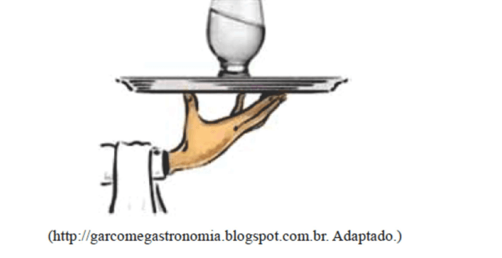 Mão de garçom sustenta uma bandeja horizontal com um copo de água; crédito adaptado do blog Garçom e Gastronomia.