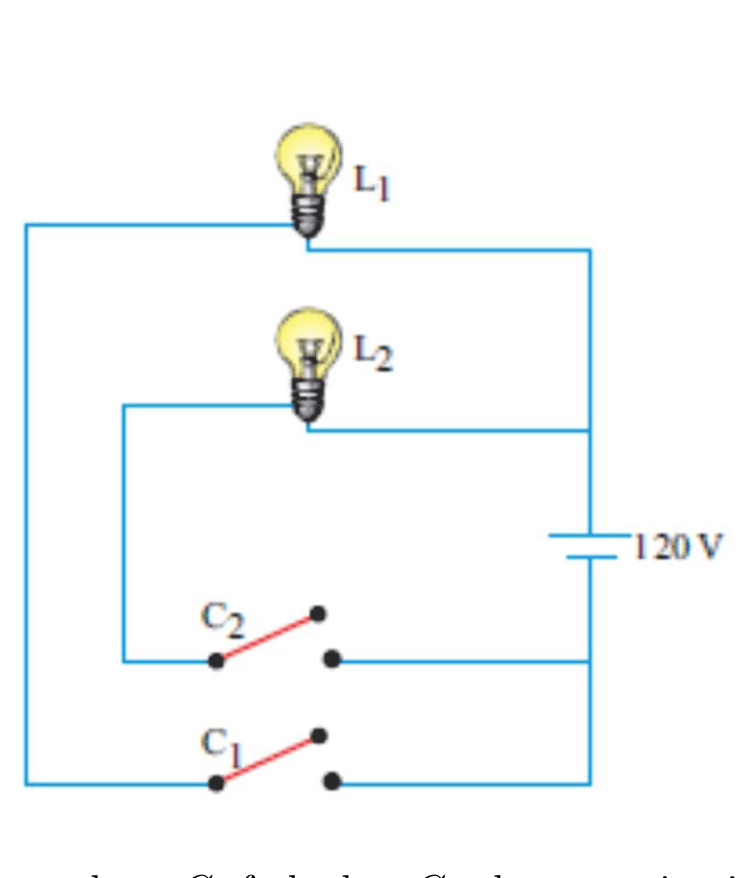 Circuito de 120 V com lâmpadas L1 e L2 e chaves C1 e C2.