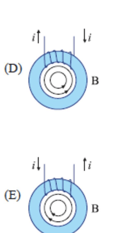 Alternativas visuais D e E para linhas de campo e sentido da corrente induzida.