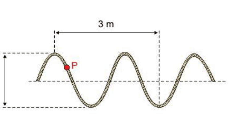 Perfil de onda na corda, com amplitude 0,8 m e distância indicada de 3 m.