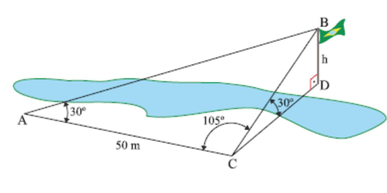 Esquema dos pontos A, B, C e D para medir a altura de um mastro do outro lado de um rio.