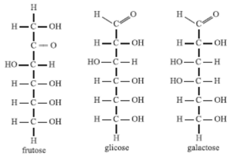 Estruturas lineares da frutose, glicose e galactose.