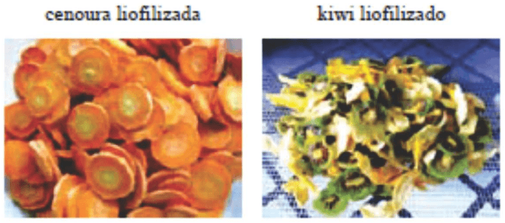 Fotografias de cenoura liofilizada e kiwi liofilizado, com rótulos.