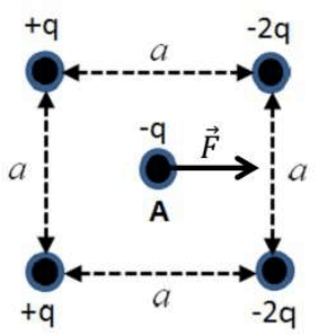 Alternativa a: cargas +q nos vértices esquerdos, -2q nos direitos, carga central A de -q e força para a direita.