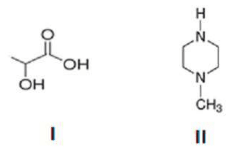 Estruturas I e II: composto com grupos carboxila e hidroxila e composto cíclico nitrogenado; rótulos I e II.