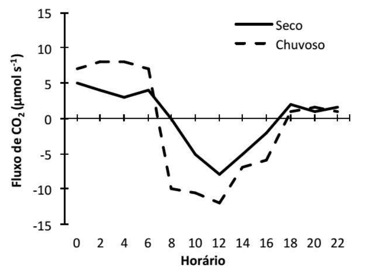 Gráfico do fluxo de CO2 em função do horário, com curvas Seco contínua e Chuvoso tracejada, valores positivos e negativos e eixos com unidades.