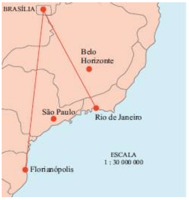Mapa 1: parte do Brasil, cidades e escala numérica.