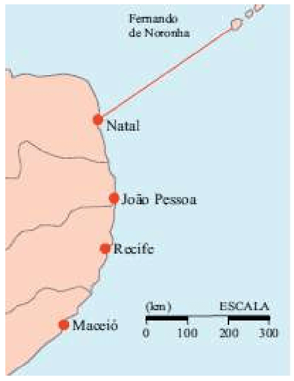 Mapa 2: litoral nordestino e Fernando de Noronha, com escala gráfica.
