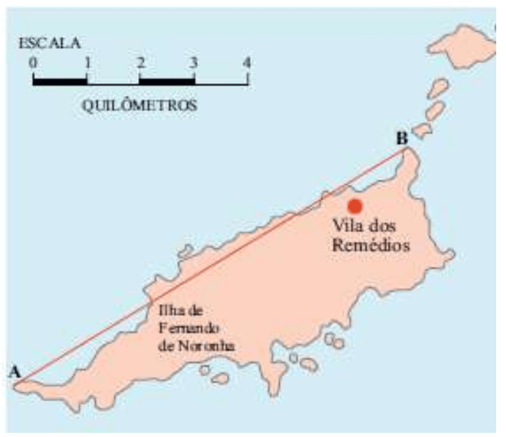 Mapa 3: Fernando de Noronha, pontos A e B e escala gráfica.