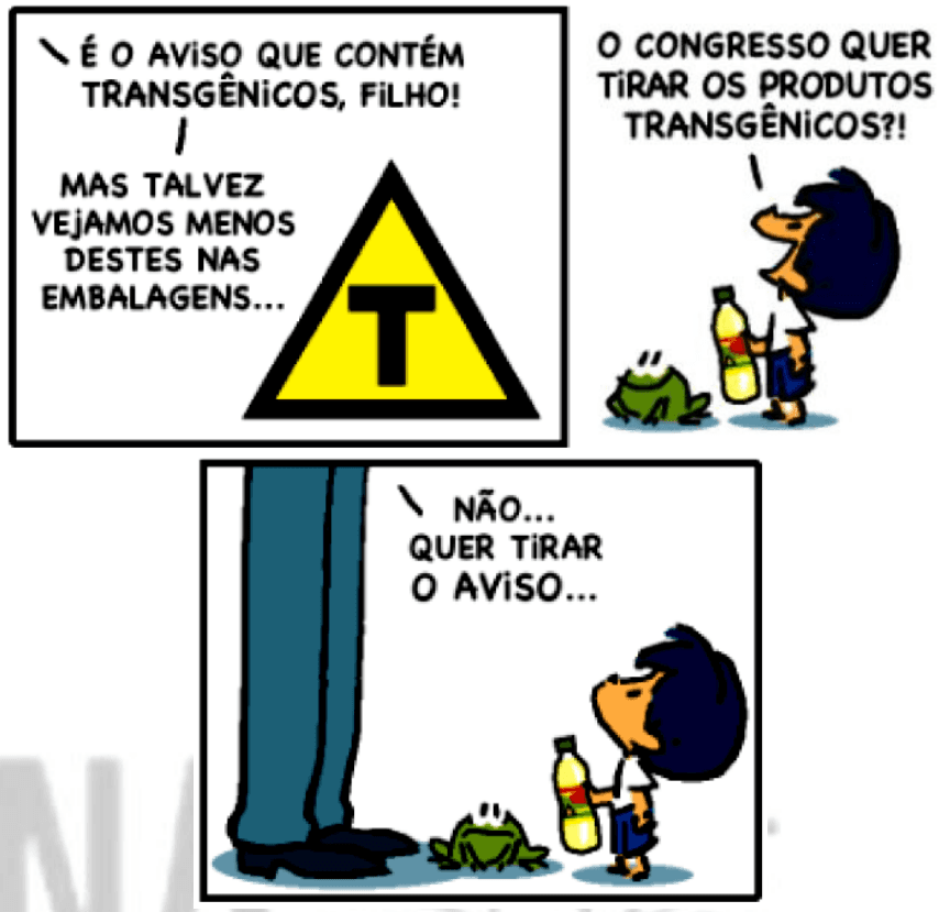 Tirinha de Armandinho sobre o aviso de transgênicos nas embalagens.