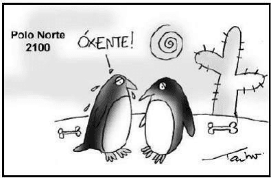 Charge Polo Norte2100: dois pinguins, cacto, ossos, sol e fala ÓXENTE!, moldura e assinatura Paixão.
