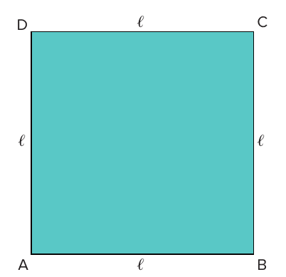 Quadrado ABCD pintado de azul-esverdeado com os quatro lados rotulados ℓ; vértices A e B embaixo, D e C em cima.