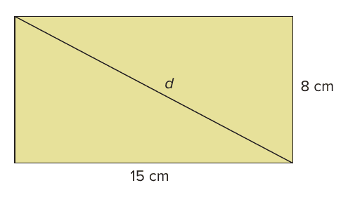 Retângulo amarelo com base 15 cm e altura 8 cm e a diagonal d traçada do canto superior esquerdo ao inferior direito.