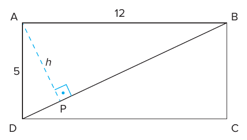Retângulo ABCD com base AB = 12 e altura AD = 5, diagonal BD e segmento tracejado AP = h perpendicular a BD, com ângulo reto marcado em P.