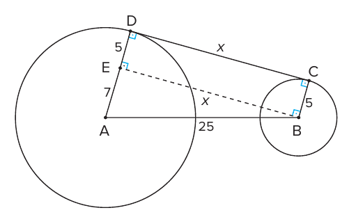 Duas circunferências, a maior de centro A e a menor de centro B, com AB = 25; segmento tangente externo comum CD = x (D na maior, C na menor), raios AD = 12 (dividido em 5 e 7 pelo ponto E) e BC = 5; segmento tracejado BE paralelo a CD com BE = x; ângulos retos marcados em D, E e C.