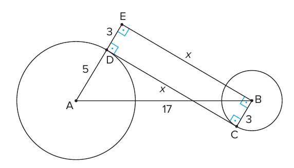 Duas circunferências, a maior de centro A e raio AD = 5 e a menor de centro B e raio BC = 3, com AB = 17; segmento tangente interno comum CD = x cruza AB; prolongamento de AD até E com DE = 3 e segmento BE = x paralelo a CD; ângulos retos marcados em E, D, B e C.