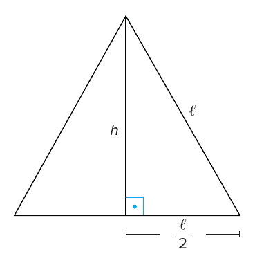 Triângulo equilátero de lado ℓ com a altura h traçada até o ponto médio da base, ângulo reto marcado em azul e cota ℓ/2 na metade direita da base.