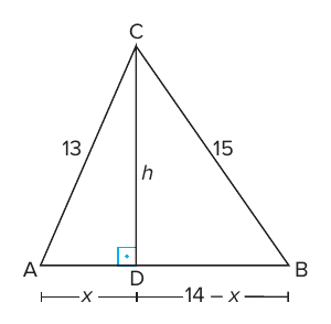 Triângulo ABC com AC = 13, BC = 15 e altura CD = h até o ponto D da base AB, com ângulo reto marcado; AD = x e DB = 14 − x.
