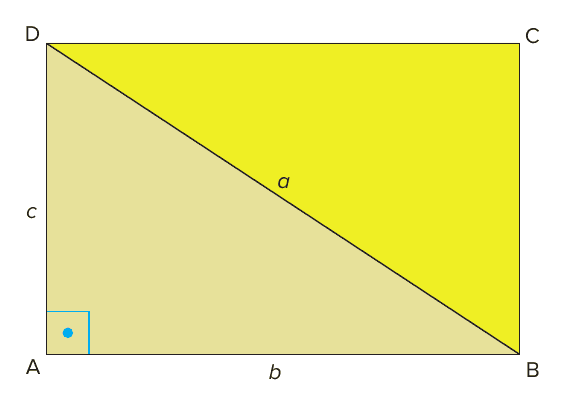Retângulo ABCD dividido pela diagonal DB, rotulada a, em dois triângulos: o inferior (ABD) em bege, com cateto c em AD, cateto b em AB e ângulo reto marcado em A; o superior (BCD) em amarelo.