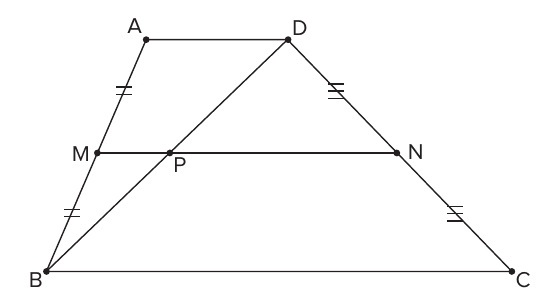 Trapézio ABCD com a base média MN e a diagonal BD cortando MN no ponto P; marcas de congruência em AM = MB e DN = NC.