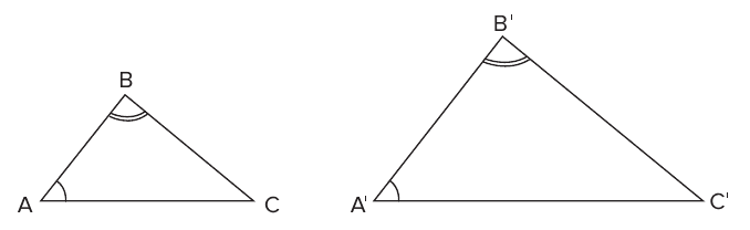 Triângulos ABC e A'B'C' com os ângulos de vértices A e A' marcados com um arco e os ângulos de vértices B e B' marcados com arco duplo, indicando congruência.