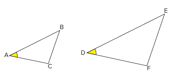 Triângulos ABC e DEF com os ângulos de vértices A e D destacados em amarelo, indicando congruência entre eles.