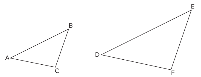 Triângulos ABC e DEF, o segundo maior que o primeiro, com lados correspondentes proporcionais.