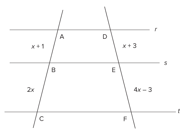 Retas paralelas r, s e t cortadas por duas transversais que determinam A, B, C e D, E, F; AB mede x + 1, BC mede 2x, DE mede x + 3 e EF mede 4x − 3.
