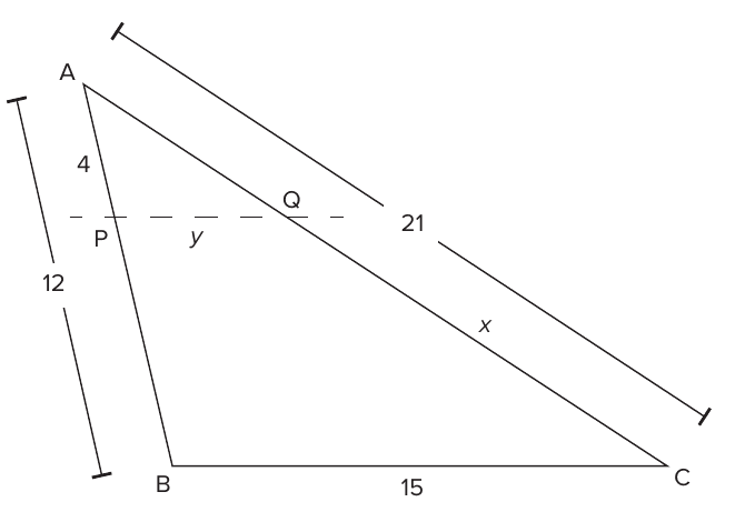 Triângulo ABC com AB = 12, BC = 15 e AC = 21; o ponto P sobre AB com AP = 4, o segmento tracejado PQ paralelo a BC com medida y, e CQ = x sobre o lado AC.