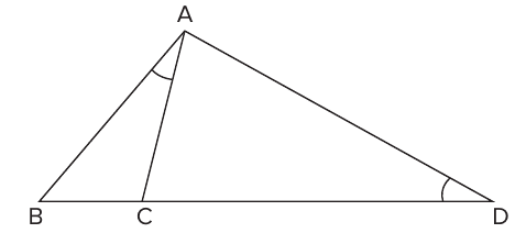 Triângulo ABD com o ponto C sobre o lado BD; o segmento AC divide o triângulo e os ângulos BÂC e AD̂C estão marcados com arcos, indicando a mesma medida.
