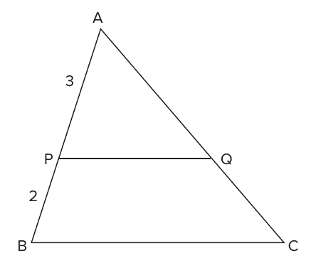 Triângulo ABC com o segmento PQ paralelo à base BC; P sobre AB com AP = 3 e PB = 2, Q sobre AC.