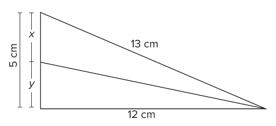 Triângulo retângulo com catetos de 5 cm (vertical) e 12 cm (horizontal) e hipotenusa de 13 cm; a bissetriz do menor ângulo divide o cateto de 5 cm nos segmentos x (superior) e y (inferior).