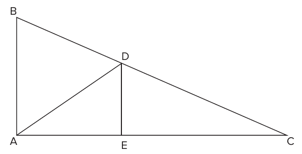 Triângulo ABC retângulo em A, com A no canto inferior esquerdo, B acima de A e C à direita; o ponto D sobre a hipotenusa BC e o ponto E sobre o cateto AC determinam o segmento DE paralelo a AB, e o segmento AD está traçado.