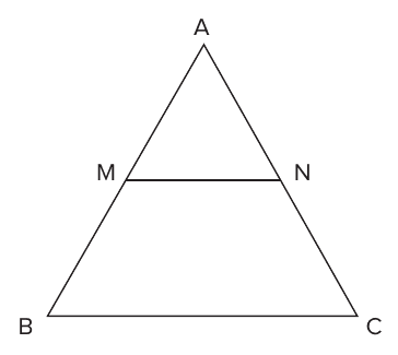 Triângulo equilátero ABC com os pontos médios M (de AB) e N (de AC) unidos pelo segmento MN.