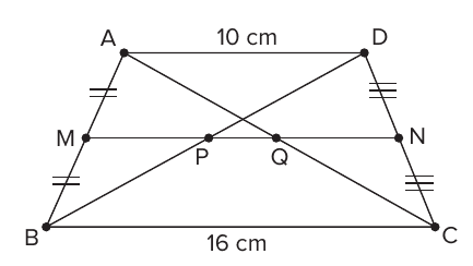 Trapézio ABCD com base menor AD = 10 cm, base maior BC = 16 cm, base média MN e diagonais que cortam MN nos pontos P e Q; marcas de congruência nos lados oblíquos.