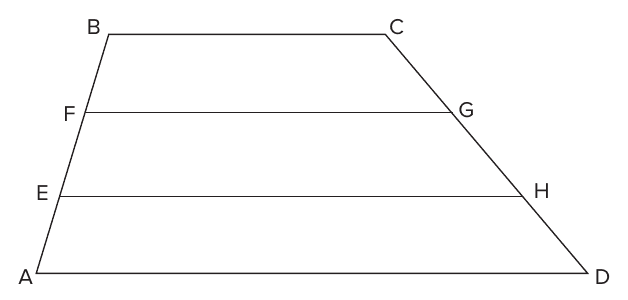Trapézio ABCD com base menor BC e base maior AD; os pontos F e E dividem AB em três partes iguais, G e H dividem CD em três partes iguais, e os segmentos FG e EH são paralelos às bases.