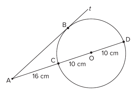 Circunferência de centro O com o diâmetro CD; o ponto A exterior está a 16 cm de C, a reta AO passa por C, O e D (CO = OD = 10 cm) e a reta t por A tangencia a circunferência em B.