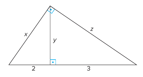Triângulo retângulo com ângulo reto no vértice superior e altura y relativa à hipotenusa; os catetos medem x e z, e as projeções sobre a hipotenusa medem 2 e 3.