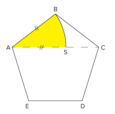Pentágono regular ABCDE com a diagonal AC tracejada; o ponto S sobre AC é tal que AS é congruente ao lado AB (marcas duplas), com o setor circular de centro A e raio AB destacado em amarelo entre B e S.