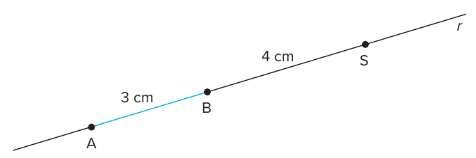 Reta r inclinada com os pontos A, B e S, nessa ordem; o segmento AB (azul) mede 3 cm e o segmento BS mede 4 cm, com S no prolongamento de AB.