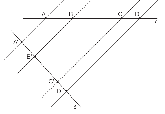 Quatro retas paralelas inclinadas cortadas pela transversal horizontal r nos pontos A, B, C e D e pela transversal inclinada s nos pontos A', B', C' e D'.