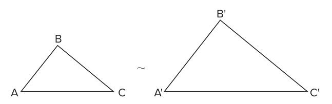 Triângulos ABC e A'B'C' semelhantes (símbolo ~ entre eles), o segundo maior que o primeiro e com a mesma forma.